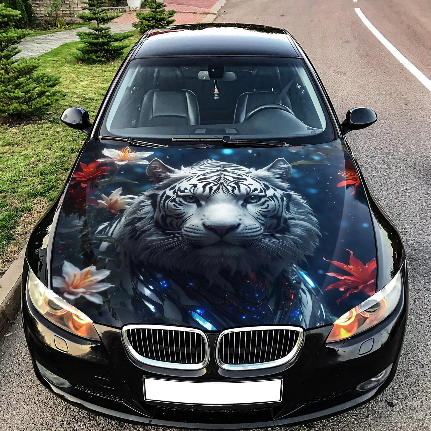 Flowers White Tiger Hood Wrap – Custom Vinyl Decal for Cars, Trucks & SUVs