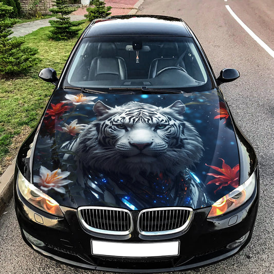 Flowers White Tiger Hood Wrap – Custom Vinyl Decal for Cars, Trucks & SUVs
