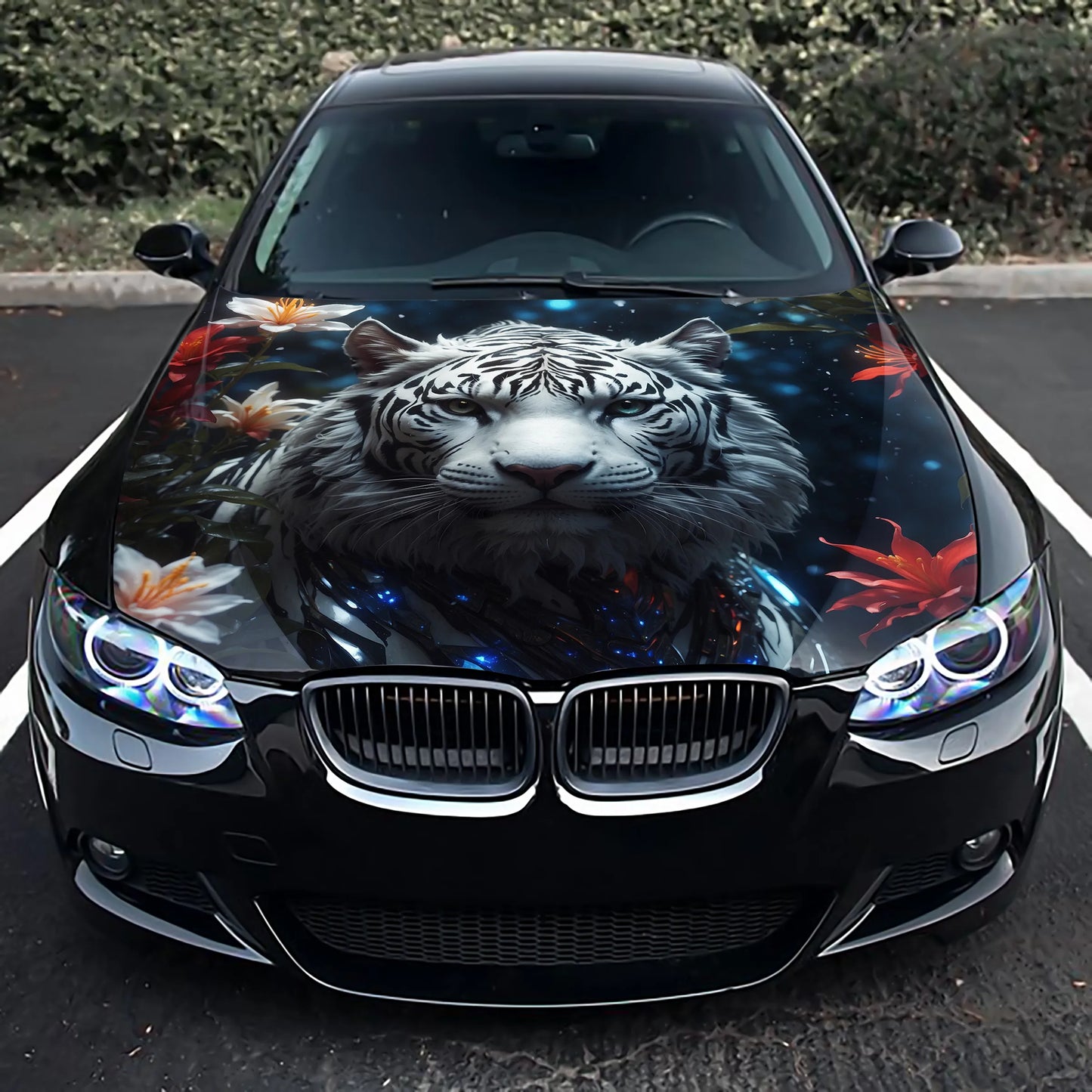 Flowers White Tiger Hood Wrap – Custom Vinyl Decal for Cars, Trucks & SUVs