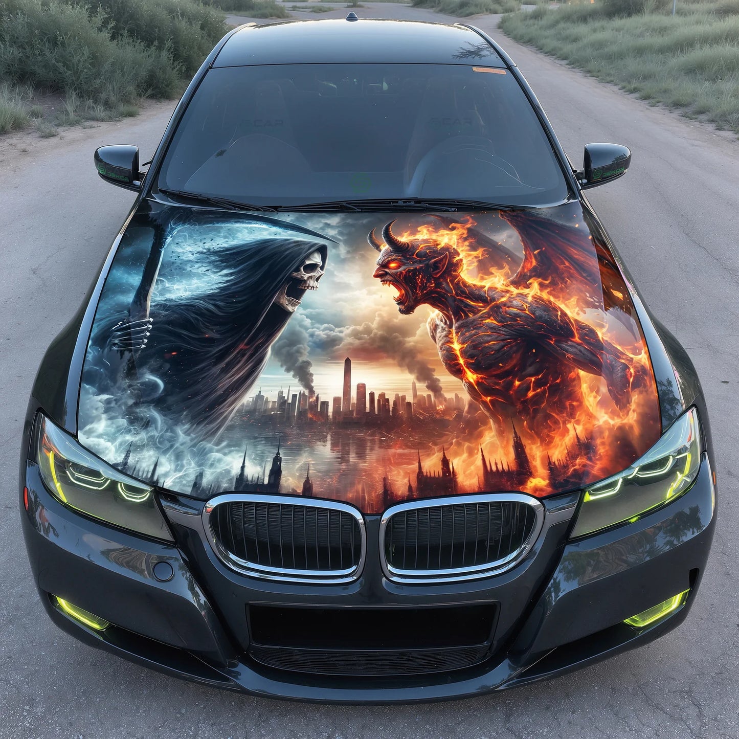 Grim Reaper Fire Hood Wrap Graphic – Custom Vinyl Decal for Cars, Trucks & SUVs