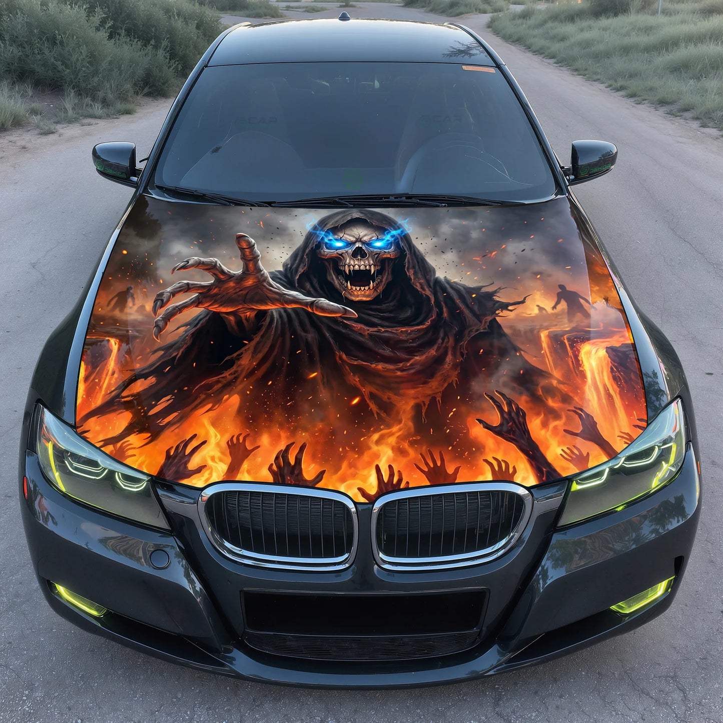 Lava Skull Reaper Hood Wrap Graphic – Custom Vinyl Decal for Cars, Trucks & SUVs