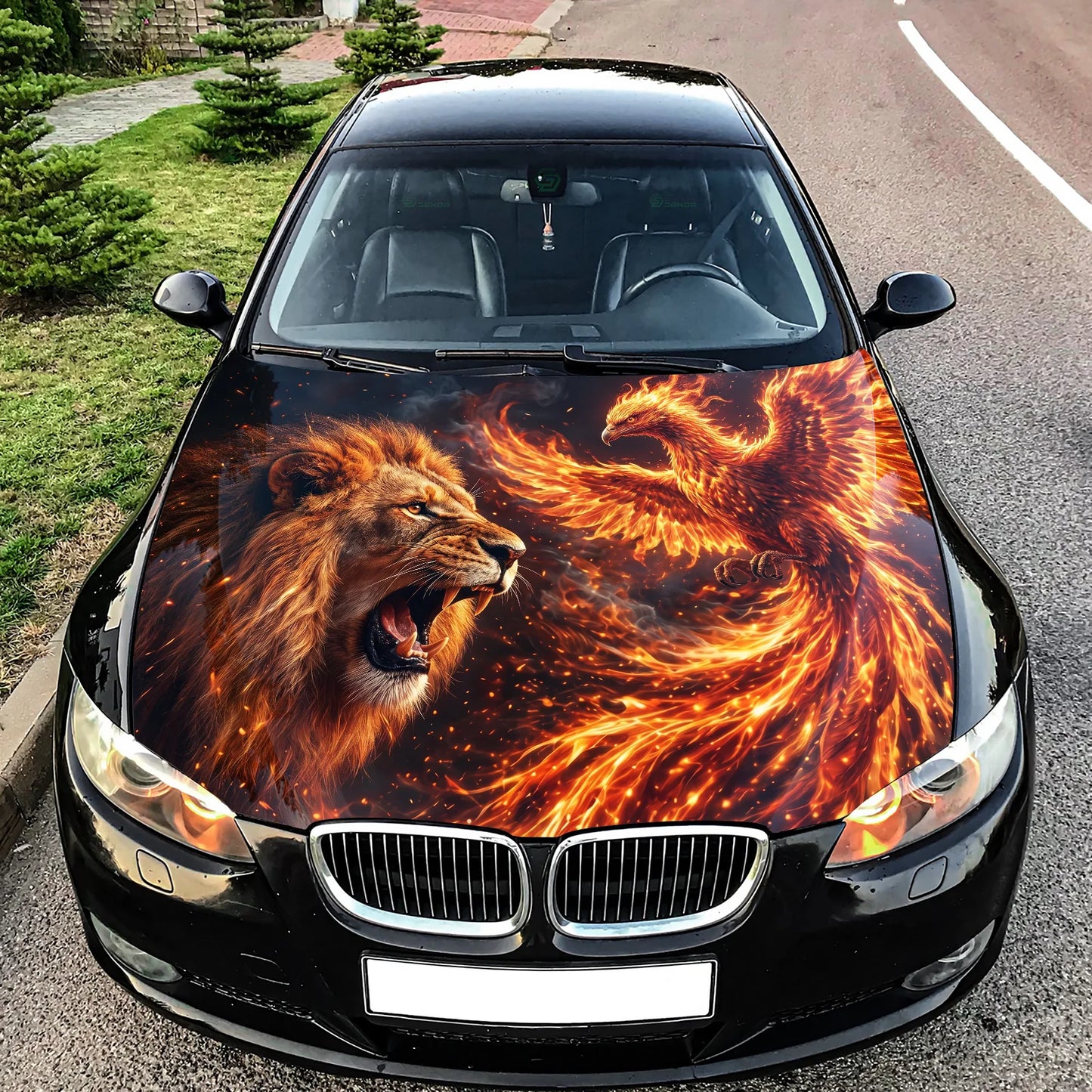 Lion and Phoenix Hood Wrap Graphic – Custom Vinyl Decal for Cars, Trucks & SUVs
