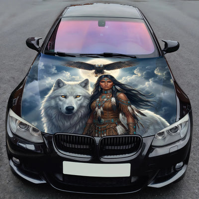 Native Woman White Hood Wrap Graphic – Custom Vinyl Decal for Cars, Trucks & SUVs