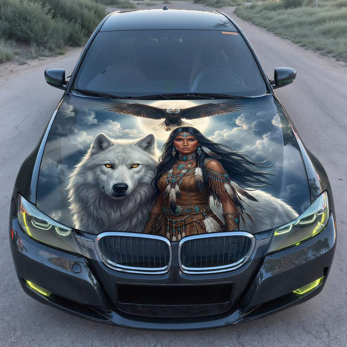 Native Woman White Hood Wrap Graphic – Custom Vinyl Decal for Cars, Trucks & SUVs