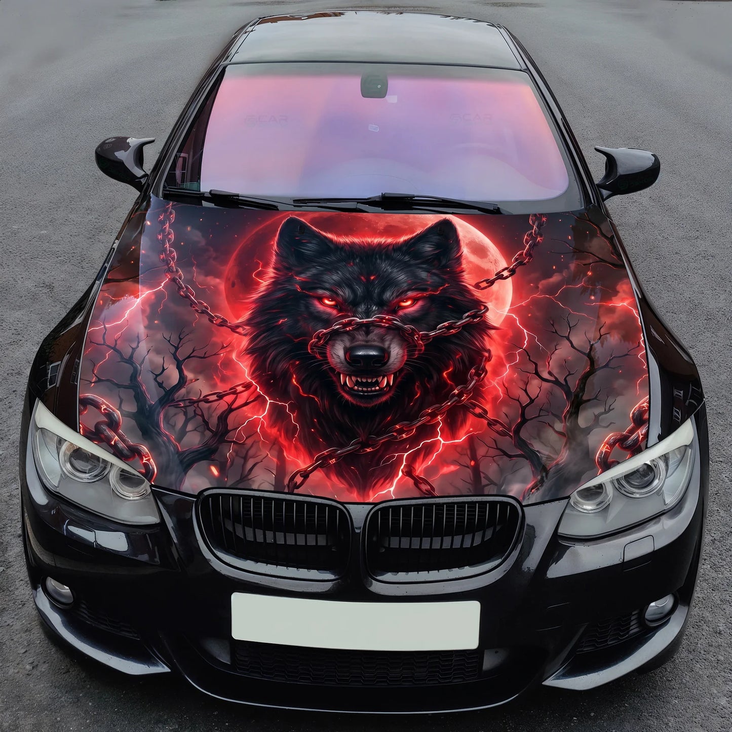 Red Moon Wolf Hood Wrap Graphic – Custom Vinyl Decal for Cars, Trucks & SUVs