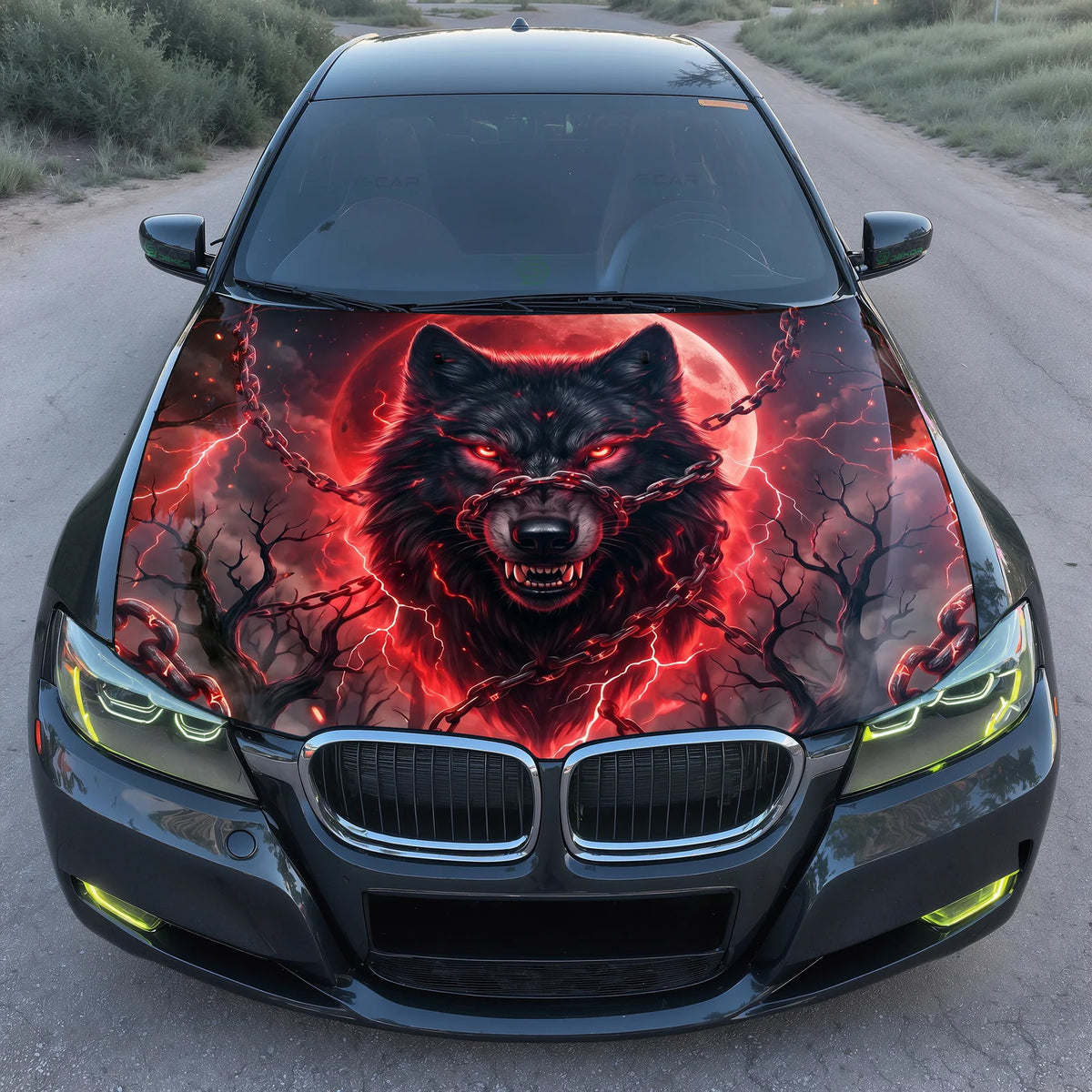 Red Moon Wolf Hood Wrap Graphic – Custom Vinyl Decal for Cars, Trucks & SUVs