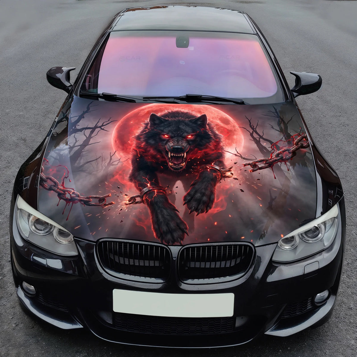 Red Moon Wolf Hood Wrap Graphic – Custom Vinyl Decal for Cars, Trucks & SUVs