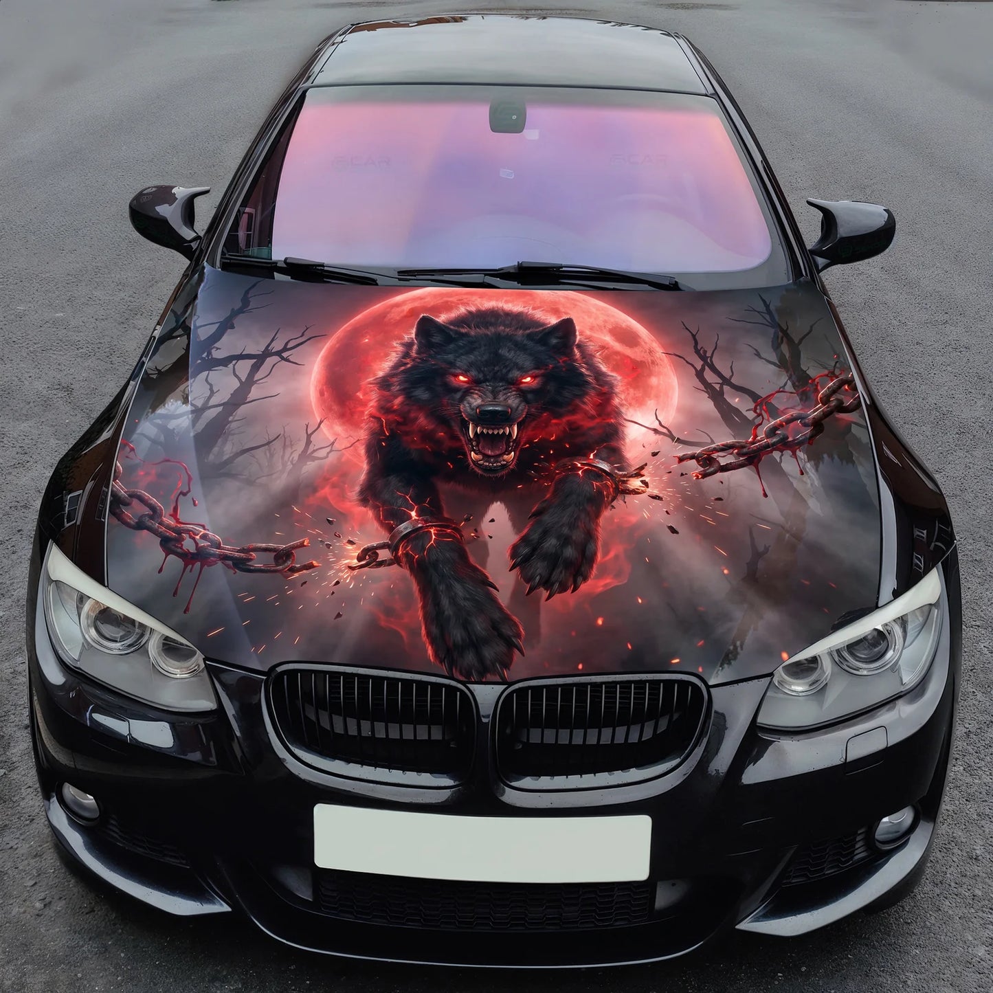 Red Moon Wolf Hood Wrap Graphic – Custom Vinyl Decal for Cars, Trucks & SUVs
