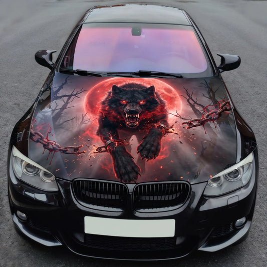 Red Moon Wolf Hood Wrap Graphic – Custom Vinyl Decal for Cars, Trucks & SUVs