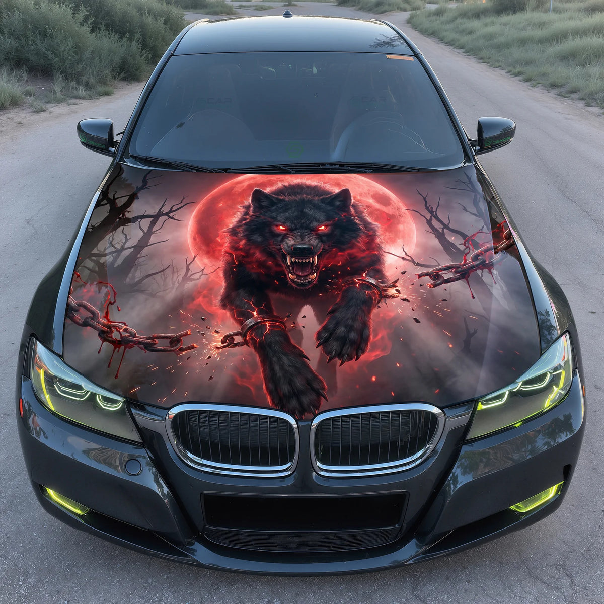 Red Moon Wolf Hood Wrap Graphic – Custom Vinyl Decal for Cars, Trucks & SUVs