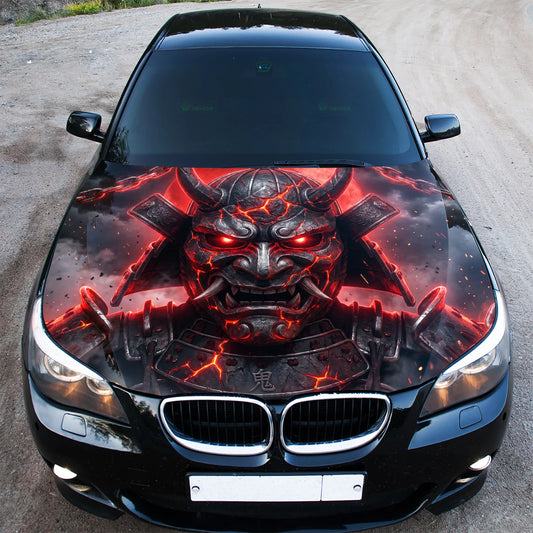 Red Samurai Mask Hood Wrap Graphic – Custom Vinyl Decal for Cars, Trucks & SUVs