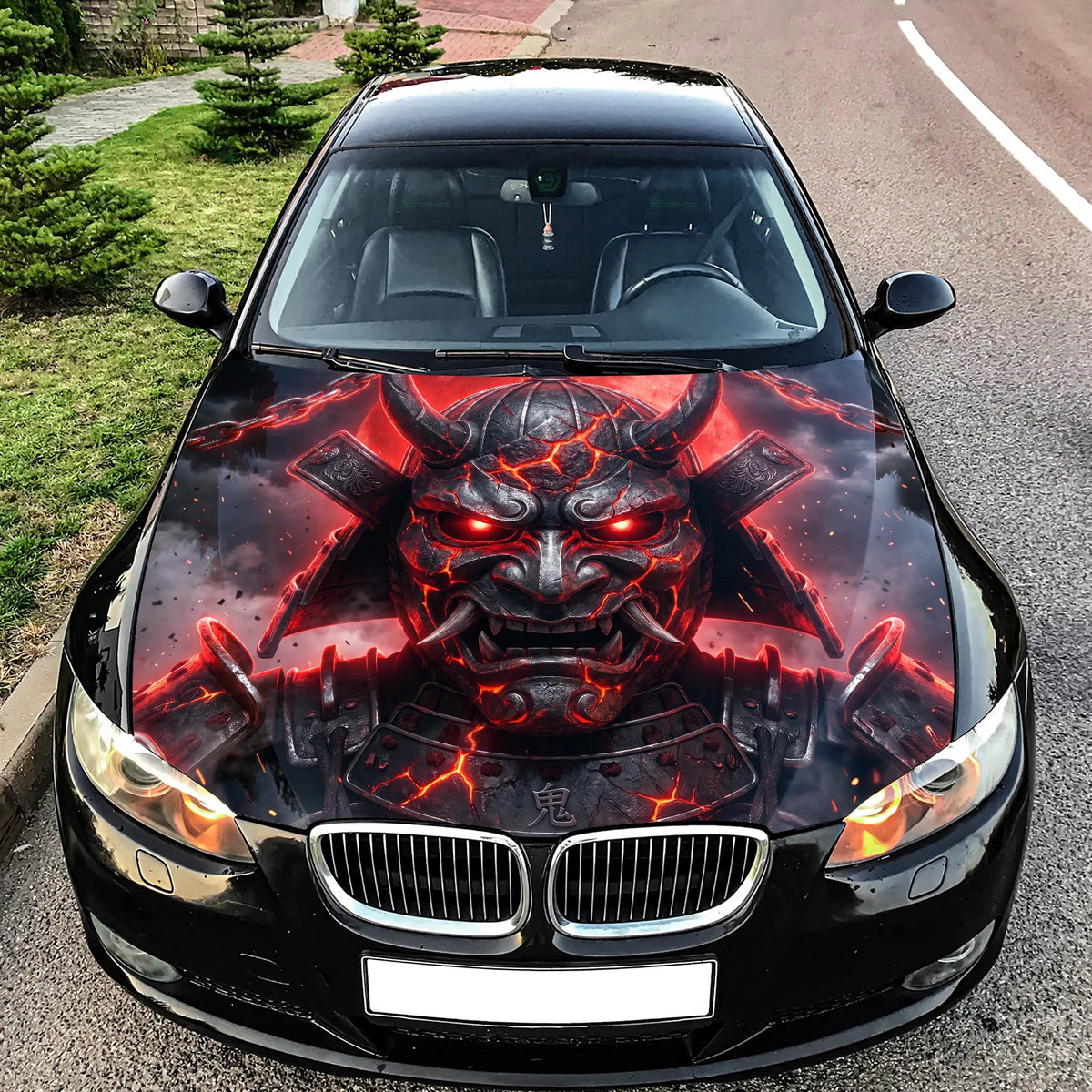 Red Samurai Mask Hood Wrap Graphic – Custom Vinyl Decal for Cars, Trucks & SUVs