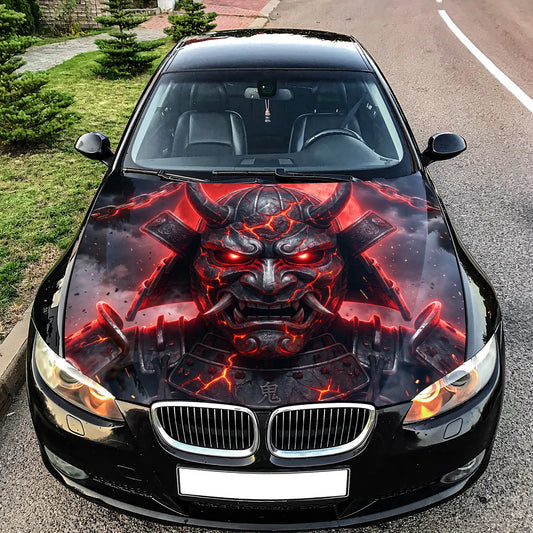 Red Samurai Mask Hood Wrap Graphic – Custom Vinyl Decal for Cars, Trucks & SUVs