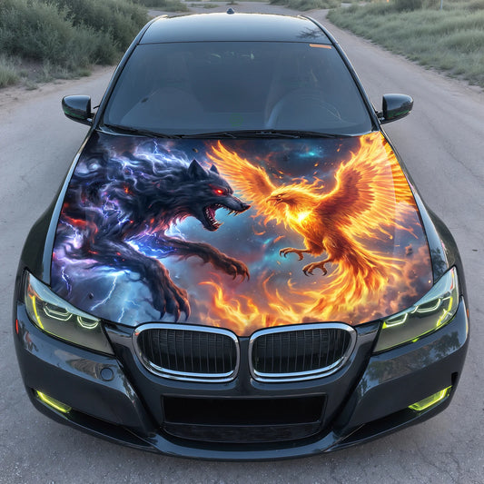 Wolf vs Phoenix Hood Wrap Graphic – Custom Vinyl Decal for Cars, Trucks & SUVs